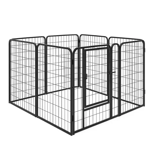 Schwarzer Stahl-Hundezaun mit Tür 8 Paneele 80 x 80 cm-domfetra