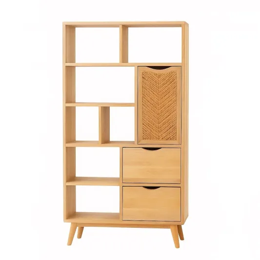 Holzregal Naturholz mit Schubladen und Rattan-domlivera