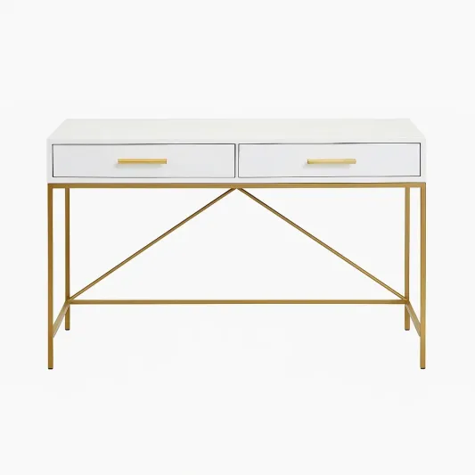 Schreibtisch mit 2 Schubladen MDF Weiß Stahlrahmen Gold 120x60x75cm-domlivera