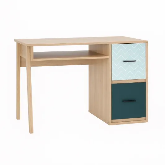 Schreibtisch aus Holz mit zwei Schubladen in Hellbraun und Blau-domlivera