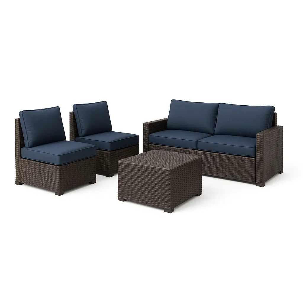 Gartenmöbel-Set aus Polyrattan mit blauen Kissen: 2-Sitzer-Sofa, 2 Sessel und Tisch-decofario