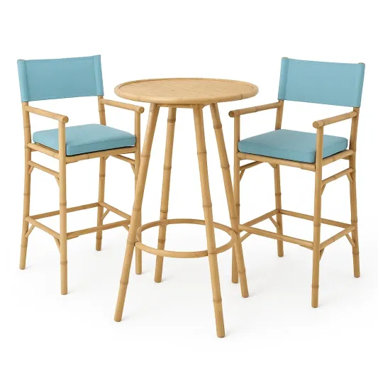 Bambus Bar-Set mit blauen Stoffpolstern, Tisch und 2 Stühlen, Outdoor-decofario
