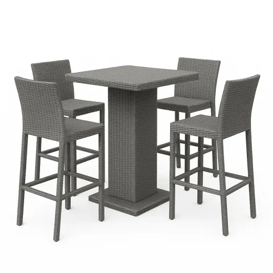 Essgruppe aus Polyrattan mit Tisch und 4 Barhockern Grau-decofario