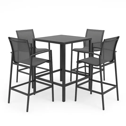 Essgruppe Hoch Gartentisch Set mit 4 Barhockern aus Aluminium und Textilene, Schwarz-decofario