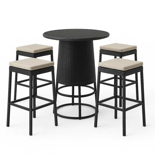 Rattan Bartisch Set mit 4 Hockern Stahl Polyrattan Schwarz Beige-decofario