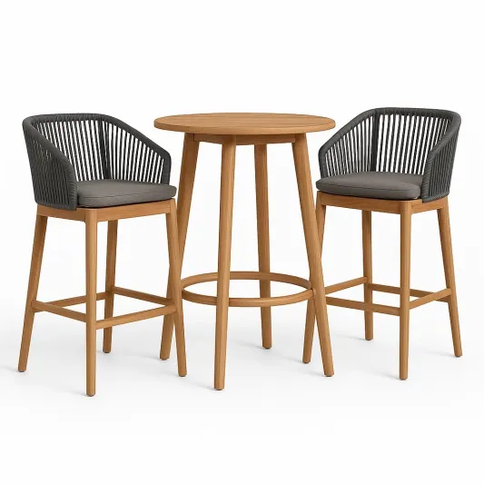 Bar-Set aus Holz und Polypropylen in Grau mit Tisch und 2 Barhockern-decofario