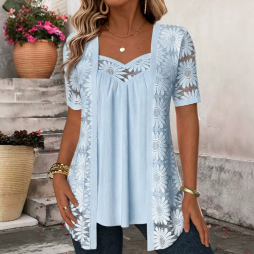 Patchwork Short Sleeve Fake Two Piece Twinset