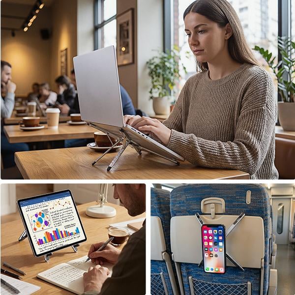 Hordozható laptopállvány asztalhoz, összecsukható, állítható számítógép-emelővel, mágneses telefontartóval