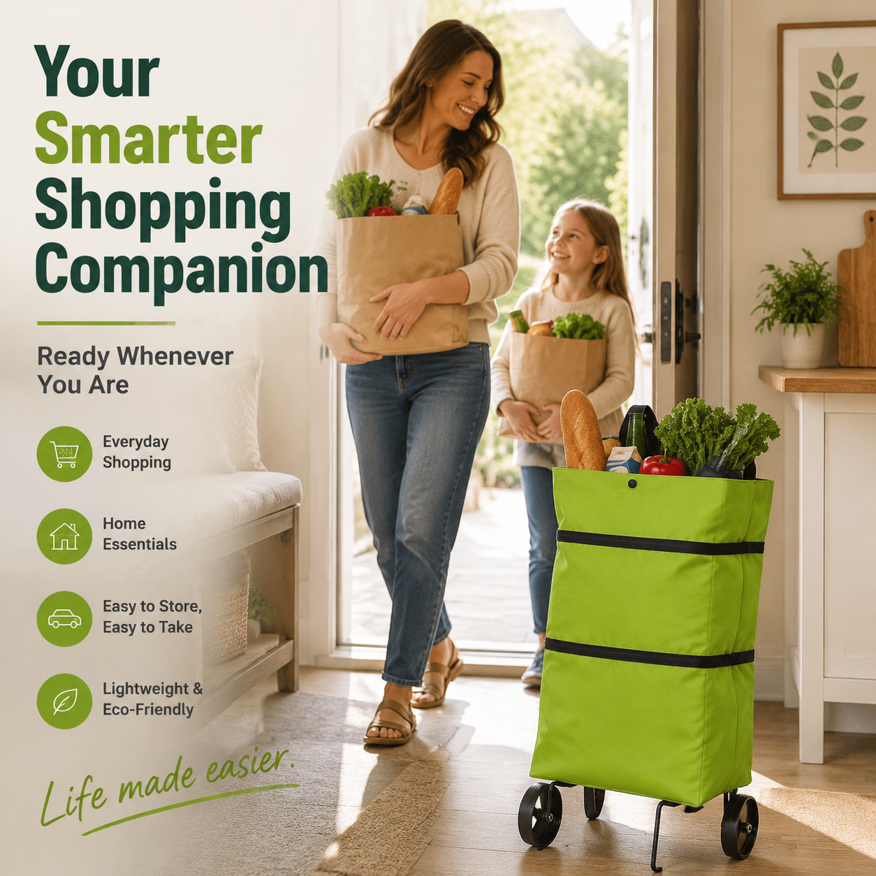 Foldable shopping cart beside groceries at home