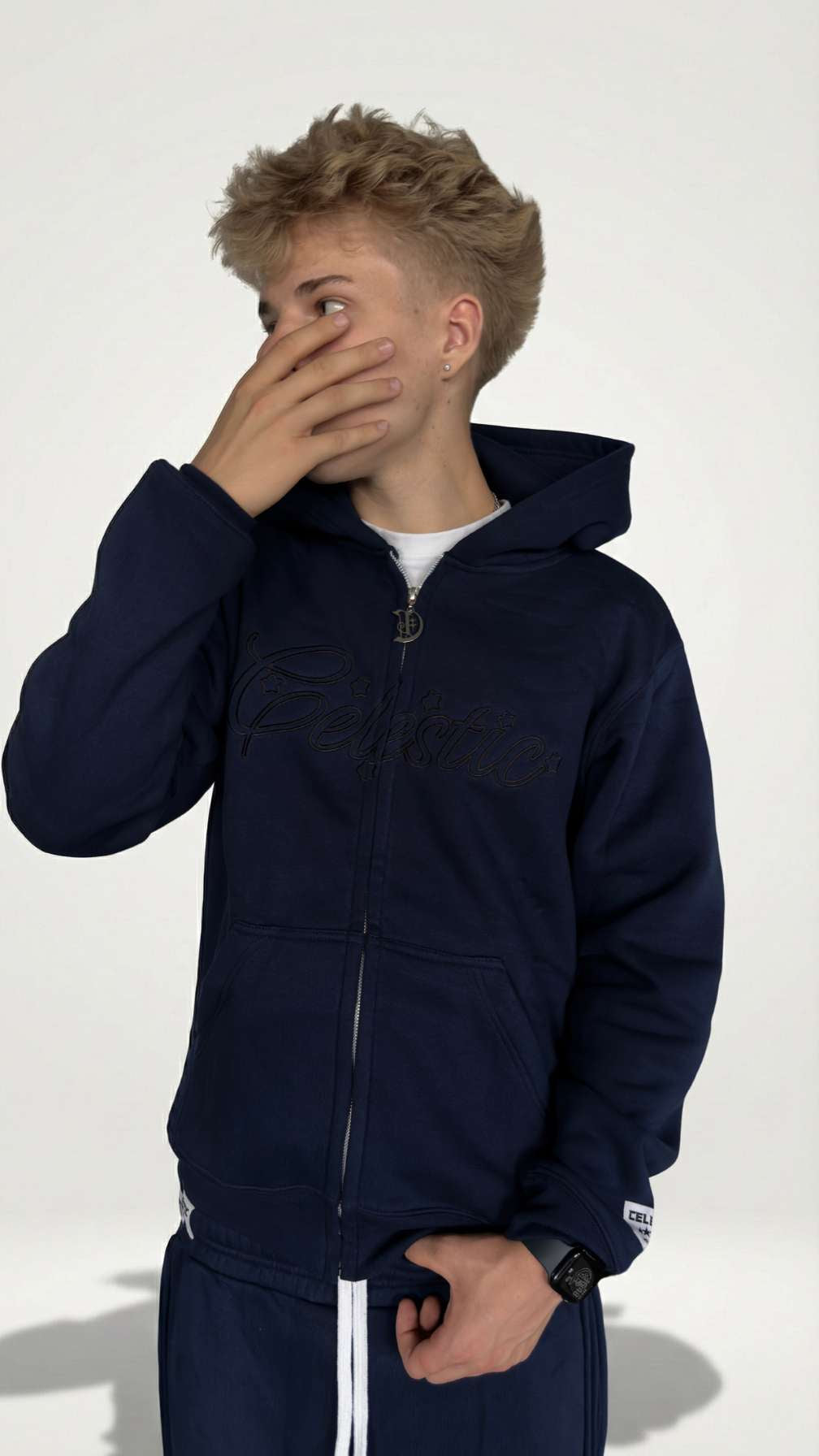 Unisex relaxed oversized fit of the Navy Blue Outline Hoodie
