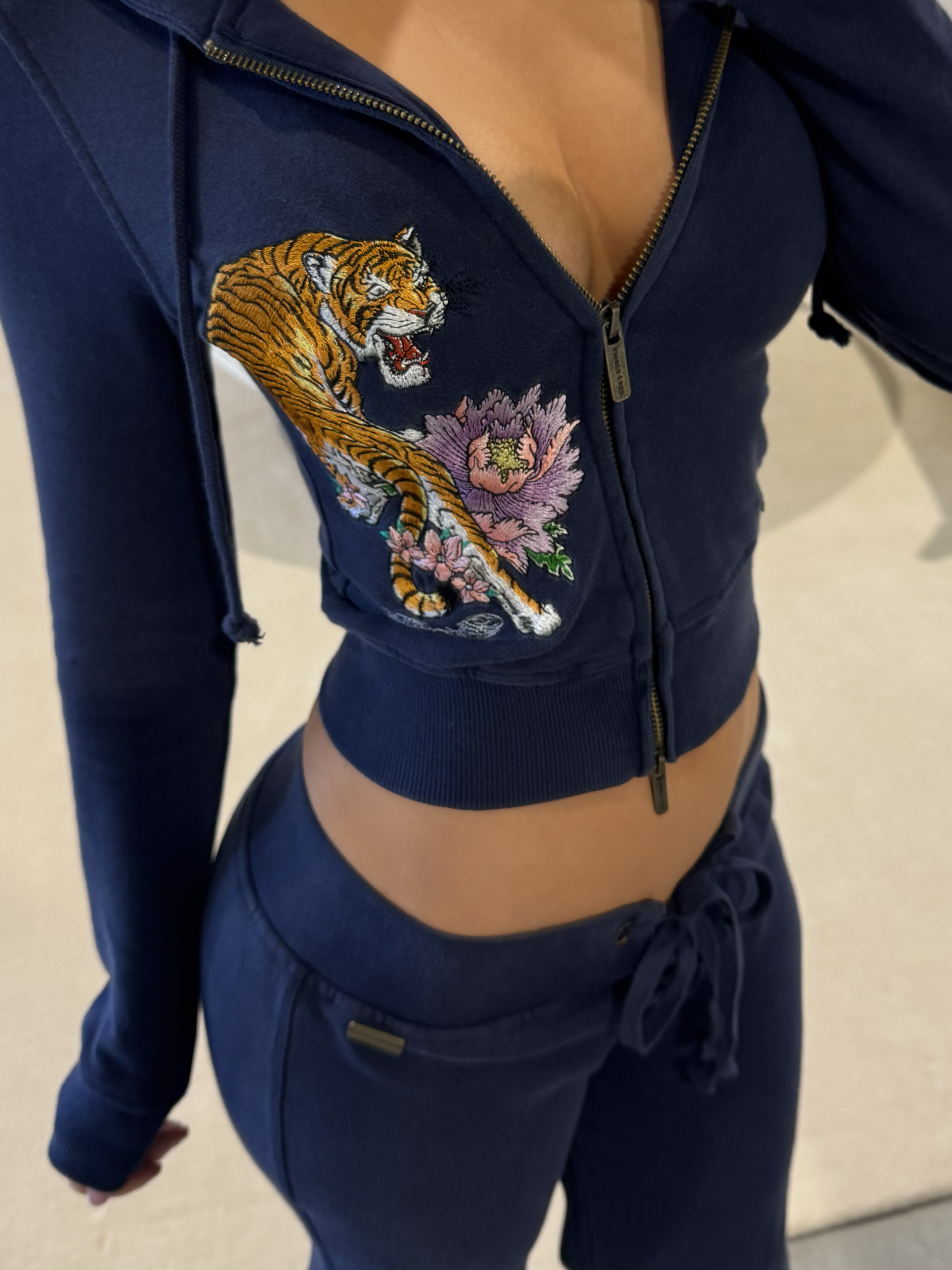 Navy Tiger Embroidered Lace Front Pants