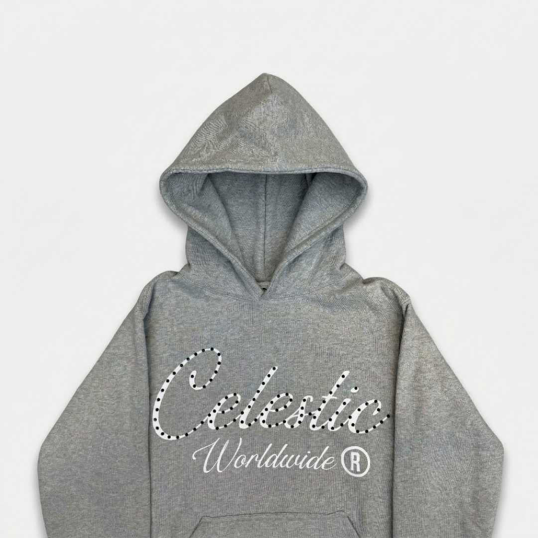 Close-up of premium 450 GSM heavy grey cotton fleece material and structured hood