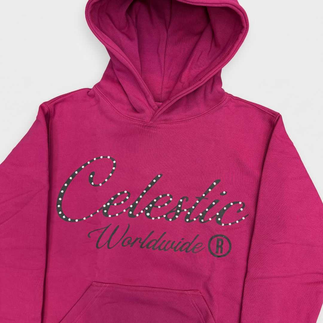 Close-up of premium 450 GSM heavy pink cotton fleece material and structured hood