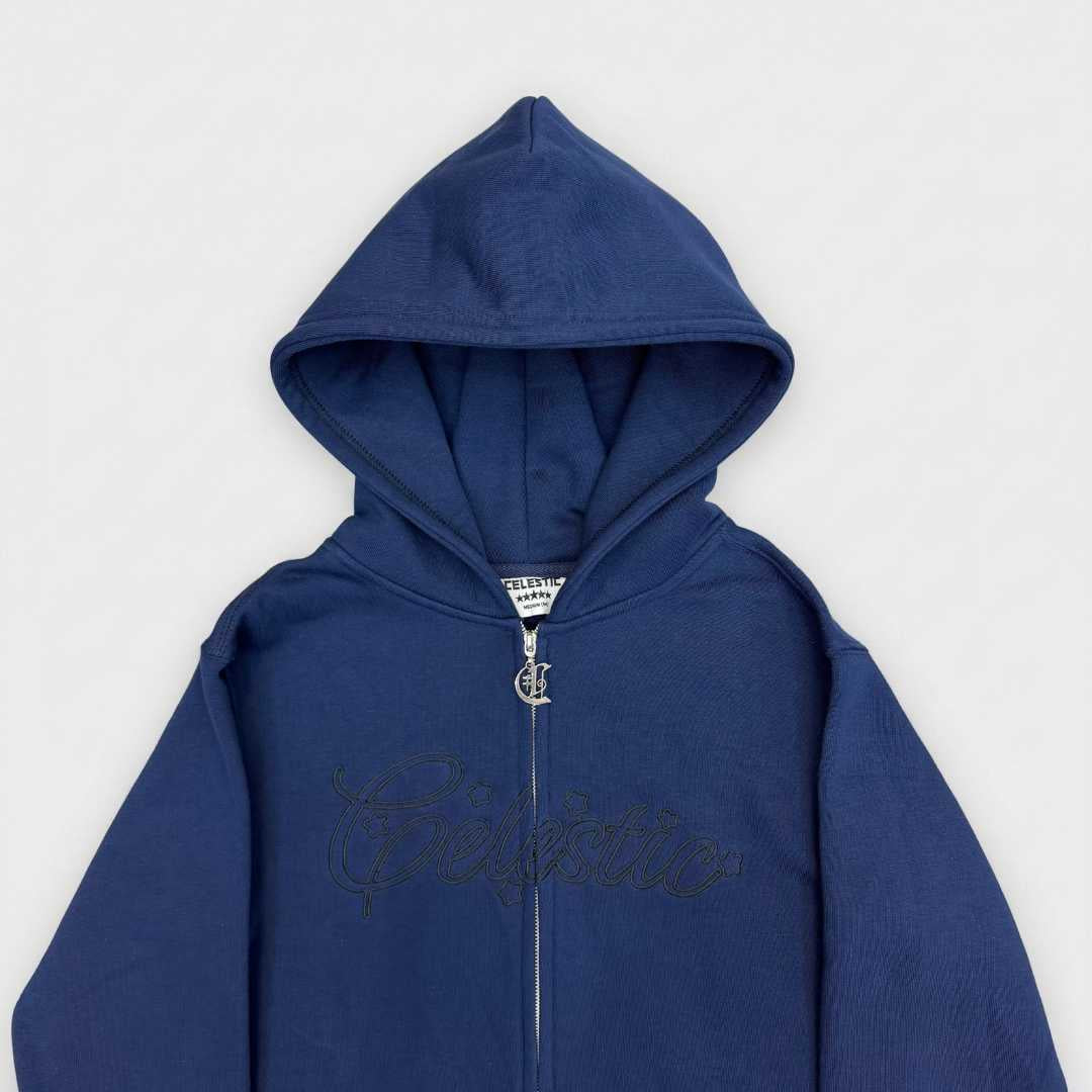 Close-up of premium 450 GSM heavy navy blue cotton fleece material and hood construction