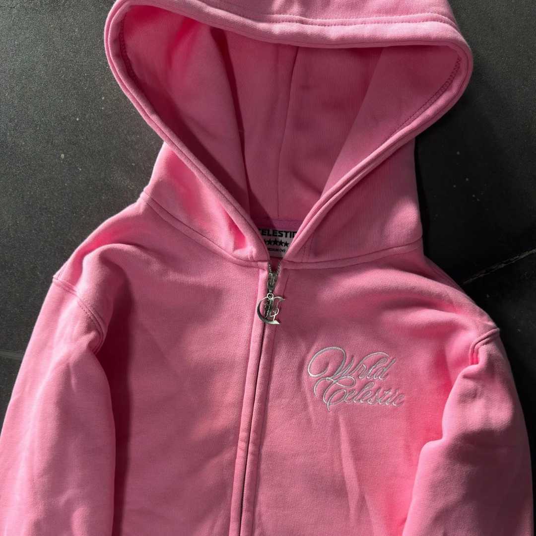 Close-up of premium 450 GSM heavy pink cotton fleece material and hood construction