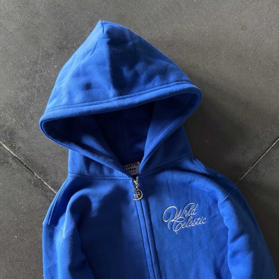 Close-up of premium 450 GSM heavy blue cotton fleece material and structured hood