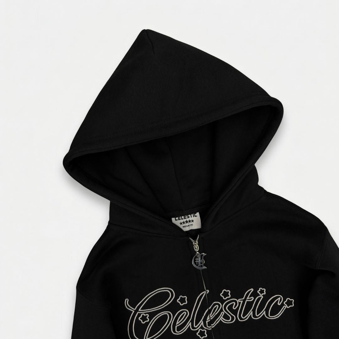 White 2D outline embroidery logo on black heavyweight hoodie