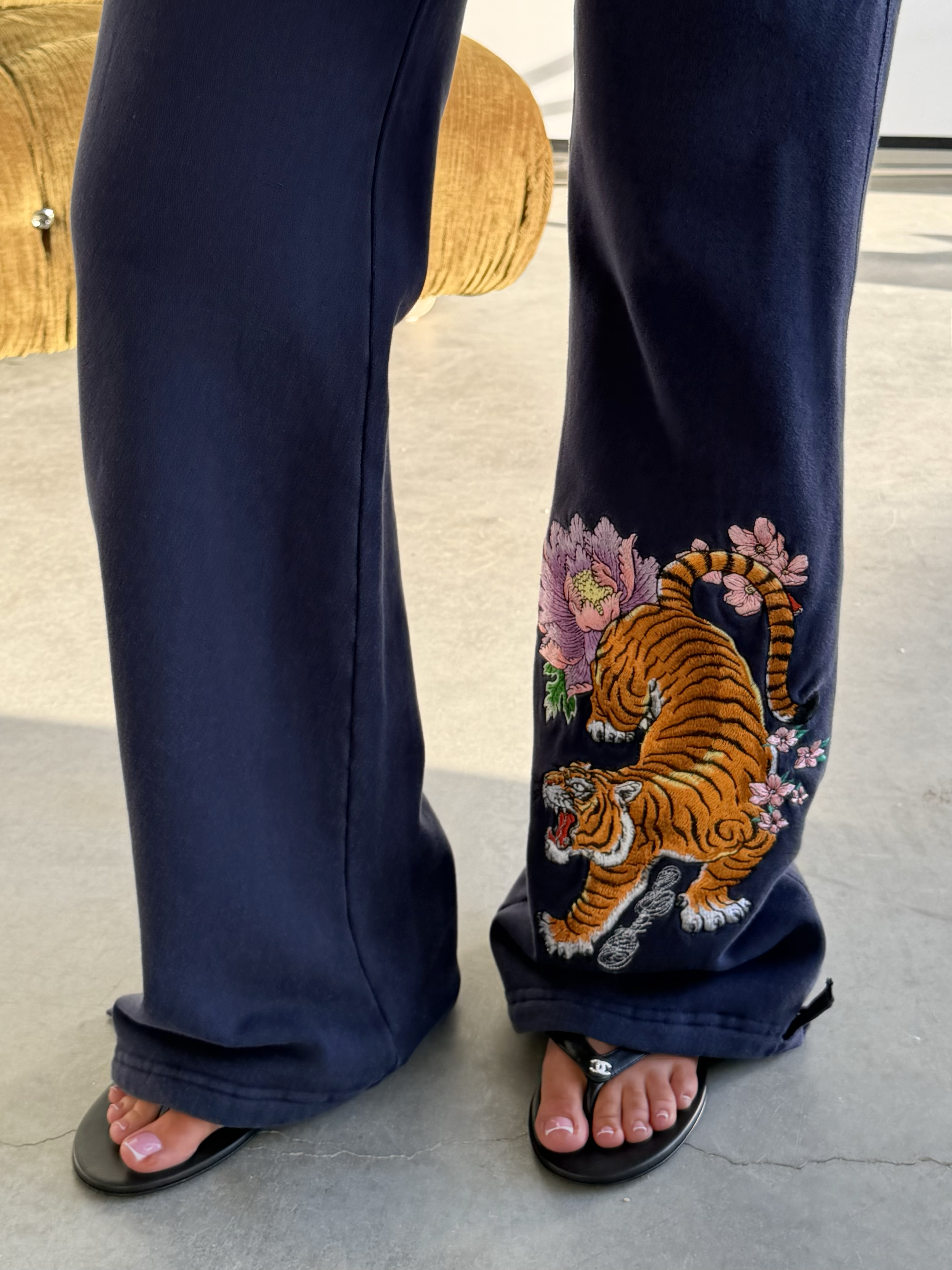 Navy Tiger Embroidered Lace Front Pants