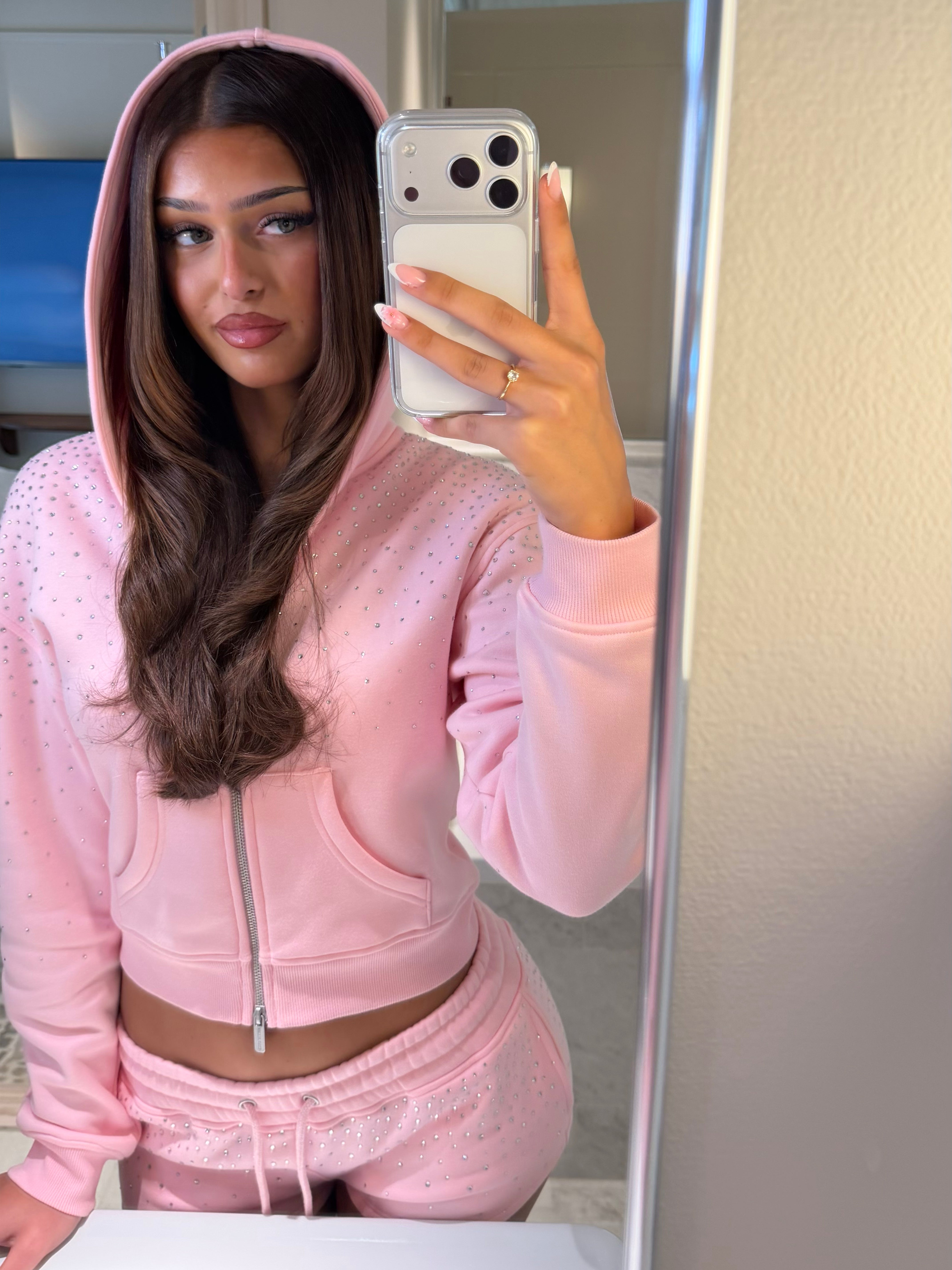 Perfect Pink Rhinestone Zip Hoodie