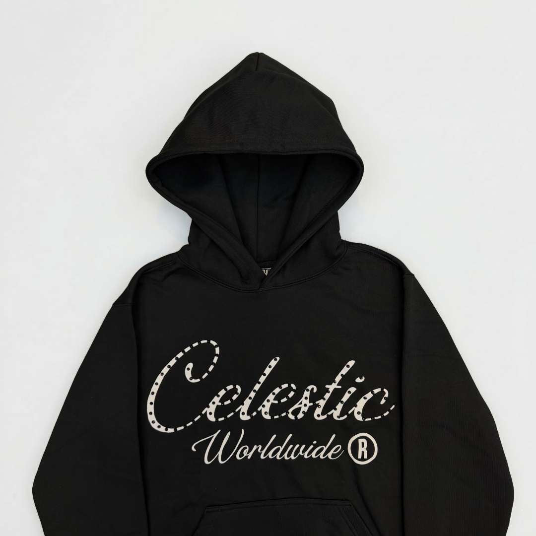 Close-up of premium 450 GSM heavy black cotton fleece material and structured hood