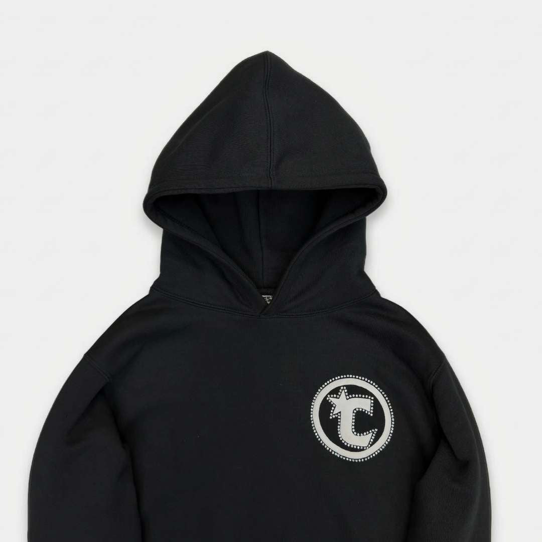 Close-up of premium 450 GSM heavy black cotton fleece material and structured hood