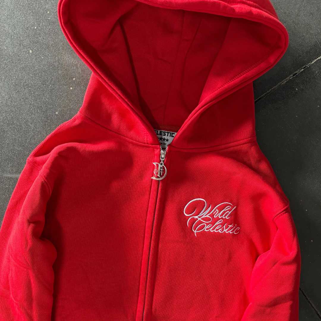 Close-up of premium 450 GSM heavy red cotton fleece material and structured hood