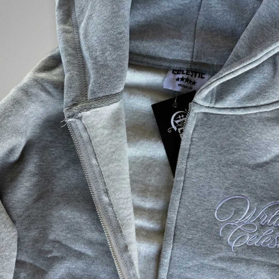 Close-up of premium 450 GSM heavy grey cotton fleece material and hood construction