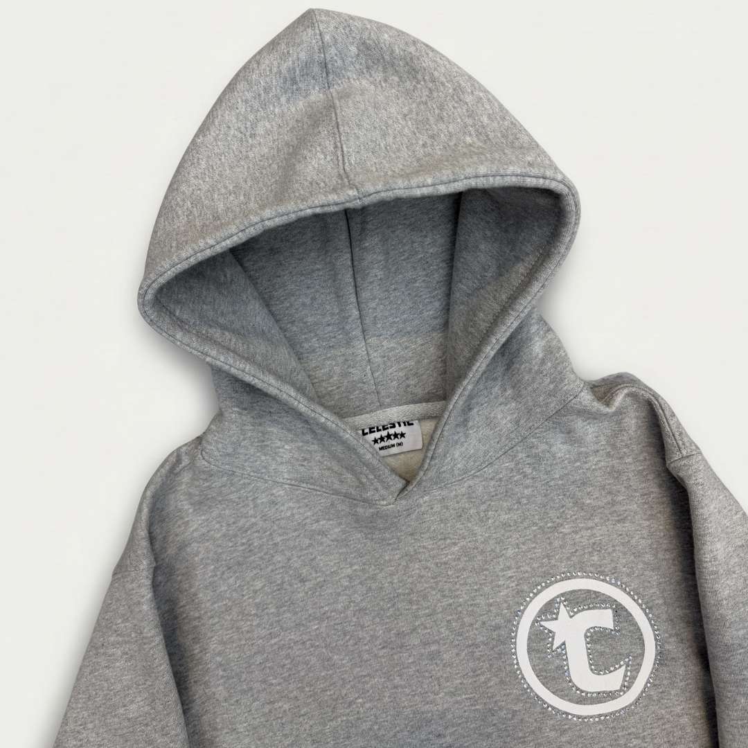 Close-up of premium 450 GSM heavy grey cotton fleece material and structured hood