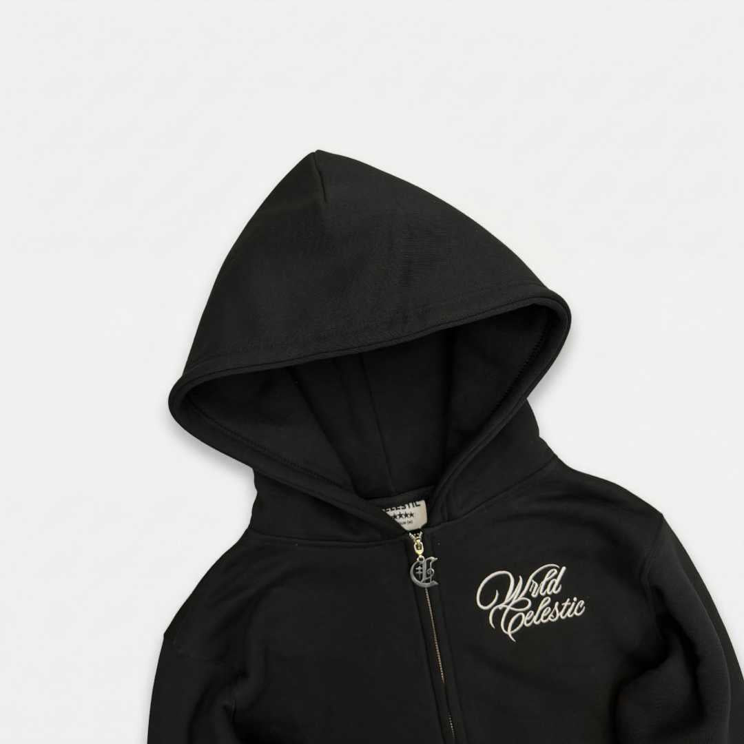 Close-up of premium 450 GSM heavy black cotton fleece material and hood construction