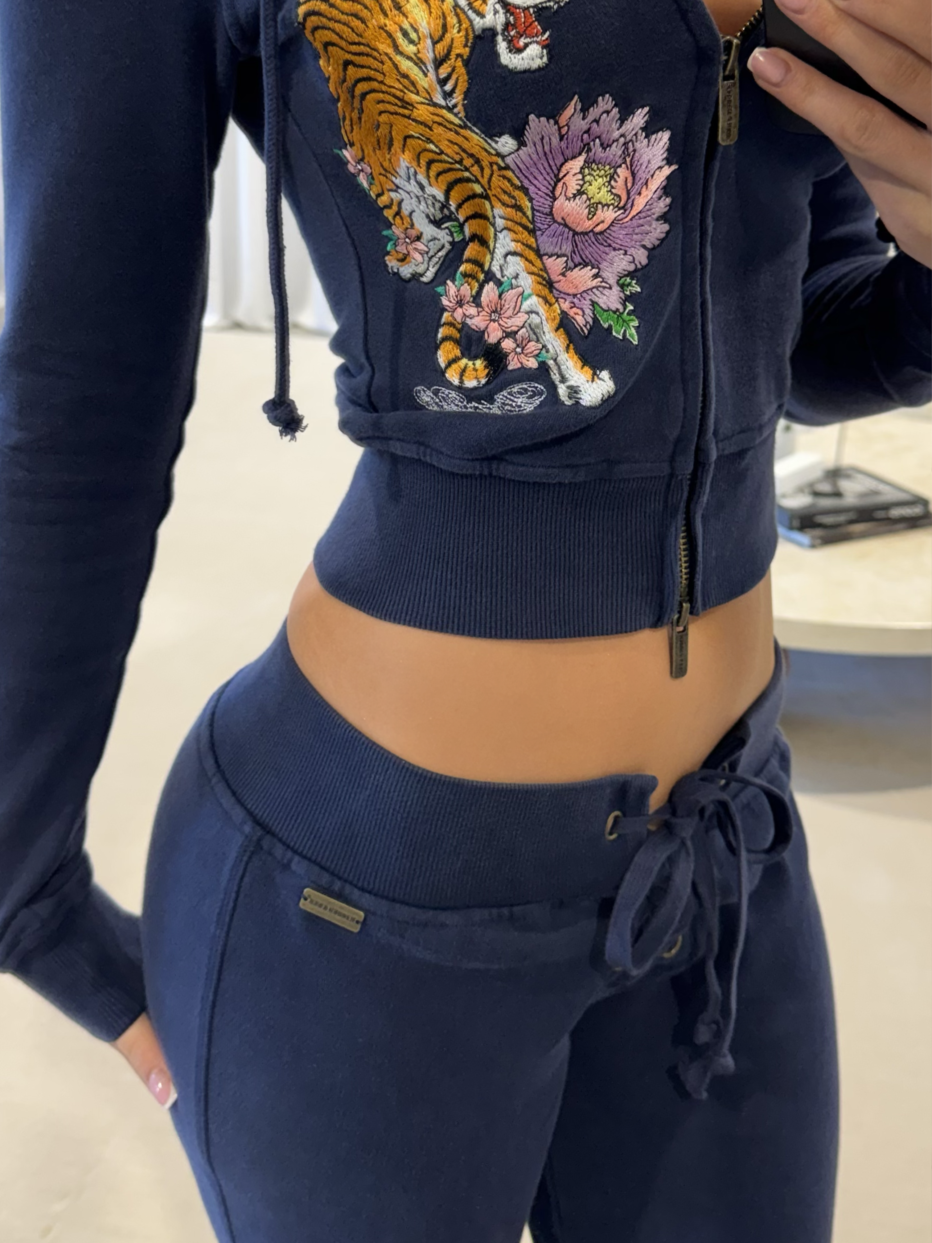 Navy Tiger Embroidered Zip Hoodie