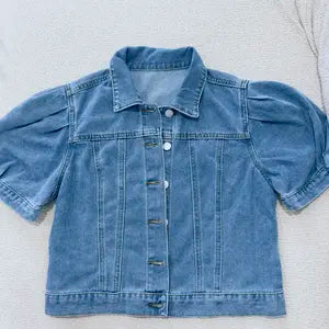 Women's Vintage Bubble Sleeve Fitted Slim Denim Crop Jacket