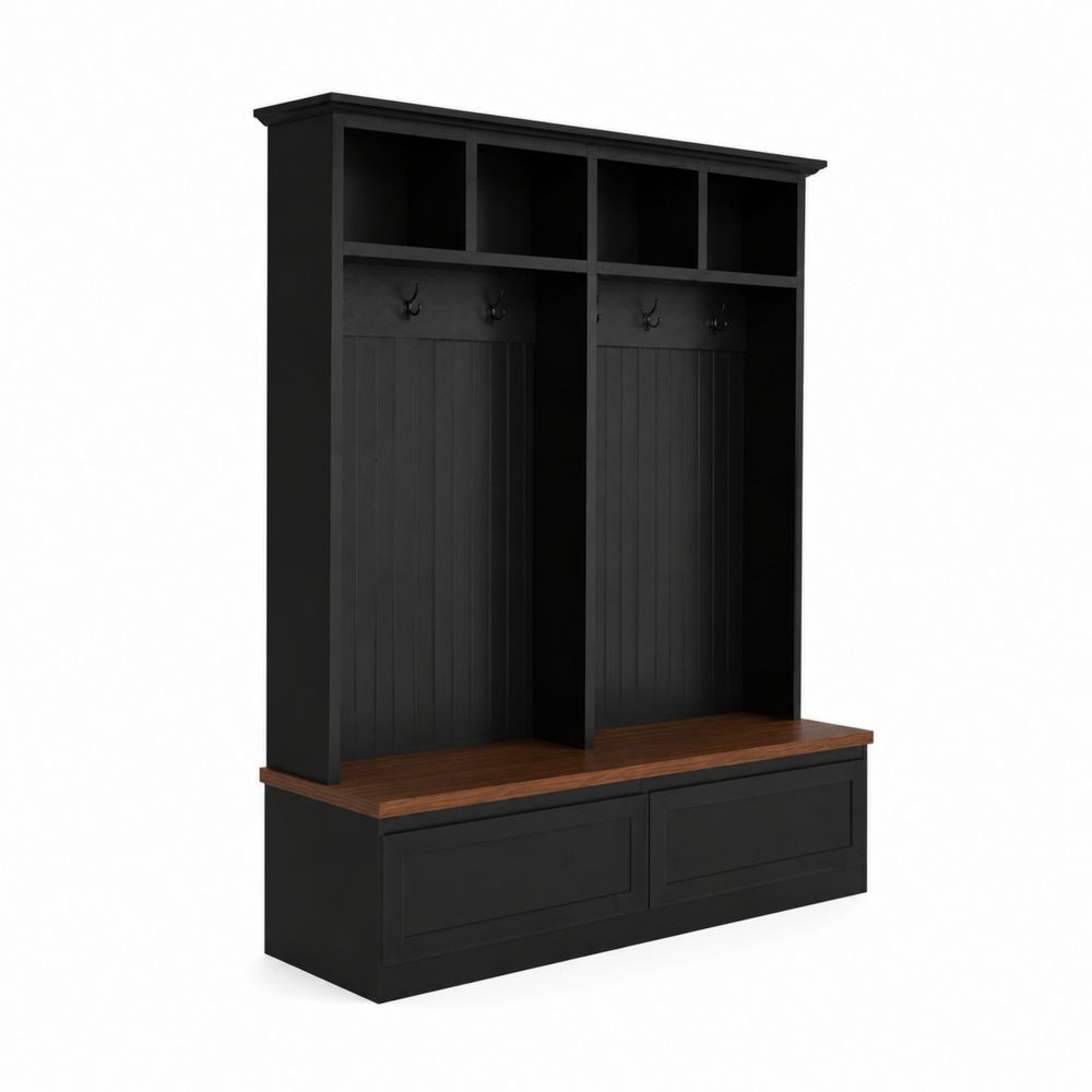 Perchero de Entrada de MDF Negro con Superficie de Nogal