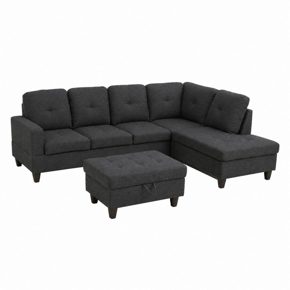 Sofá modular en forma de L 5 plazas con reposapiés en tela de poliéster gris oscuro