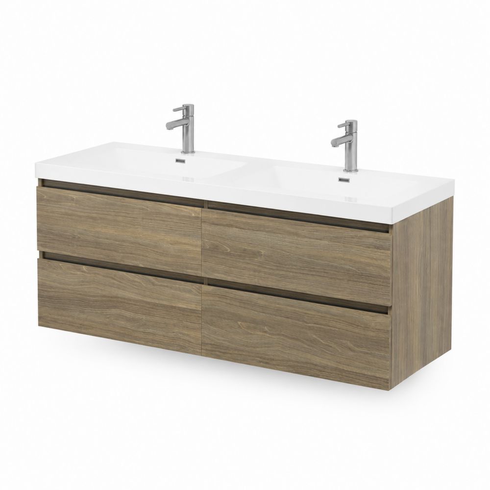 Mueble de baño doble lavabo 150 cm madera y cerámica blanca