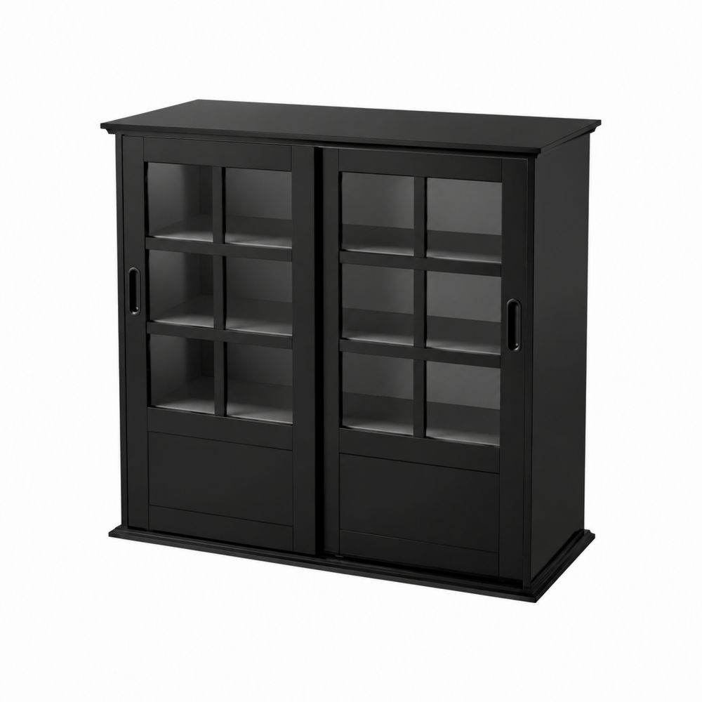 Aparador Negro con Puertas Corredizas de Vidrio, 80x35x90 cm