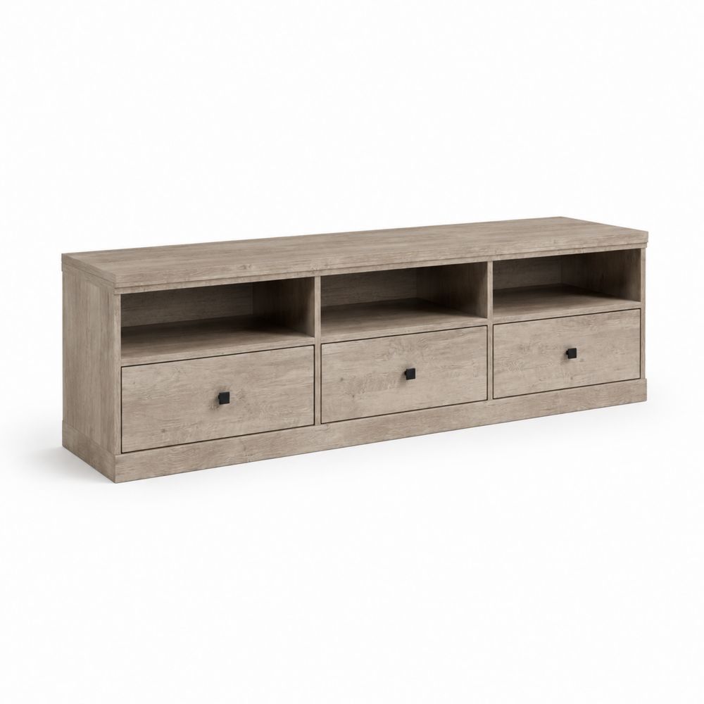 Mueble de TV de madera con 3 cajones y estantes abiertos roble