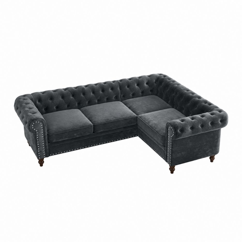 Sofá Esquinero de Terciopelo Gris con Diseño Chesterfield