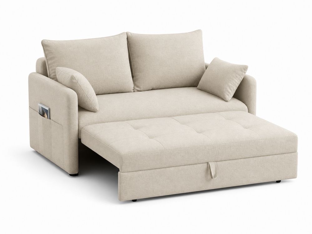 Sofá cama de tela beige con almacenamiento-stonevilae