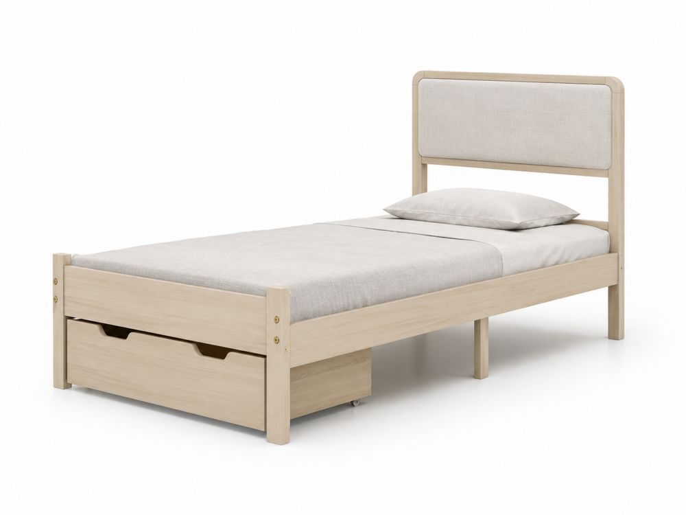 Cama individual de madera con cabecero tapizado, Beige, 200 cm x 90 cm-stonevilae