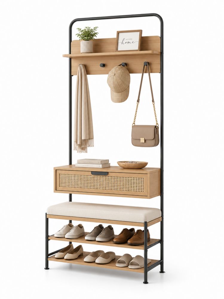 Perchero de Madera y Metal con Banco y Estante 180x80x35 cm-stonevilae