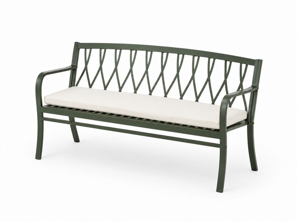 Banco de metal verde con cojín beige-stonevilae