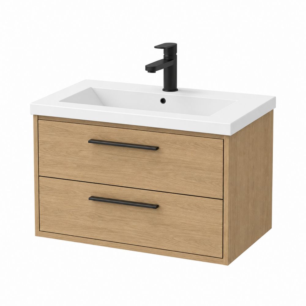 Mueble de lavabo de madera con lavamanos de cerámica blanco-stonevilae