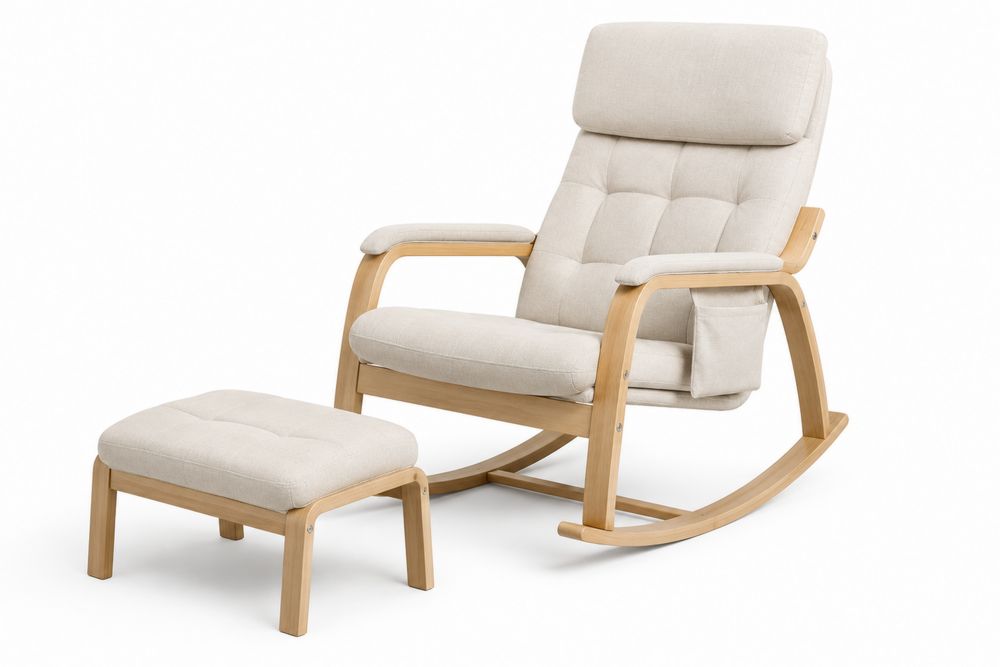 Silla Mecedora de Madera y Algodón con Reposapiés Beige-stonevilae