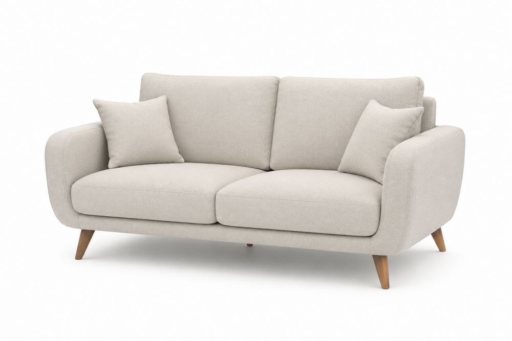 Sofá de dos plazas en tela beige con patas de madera-stonevilae