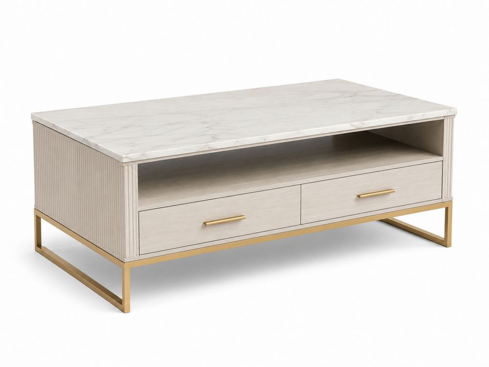 Mesa de centro de mármol con estructura de metal dorado y cajones de madera-stonevilae