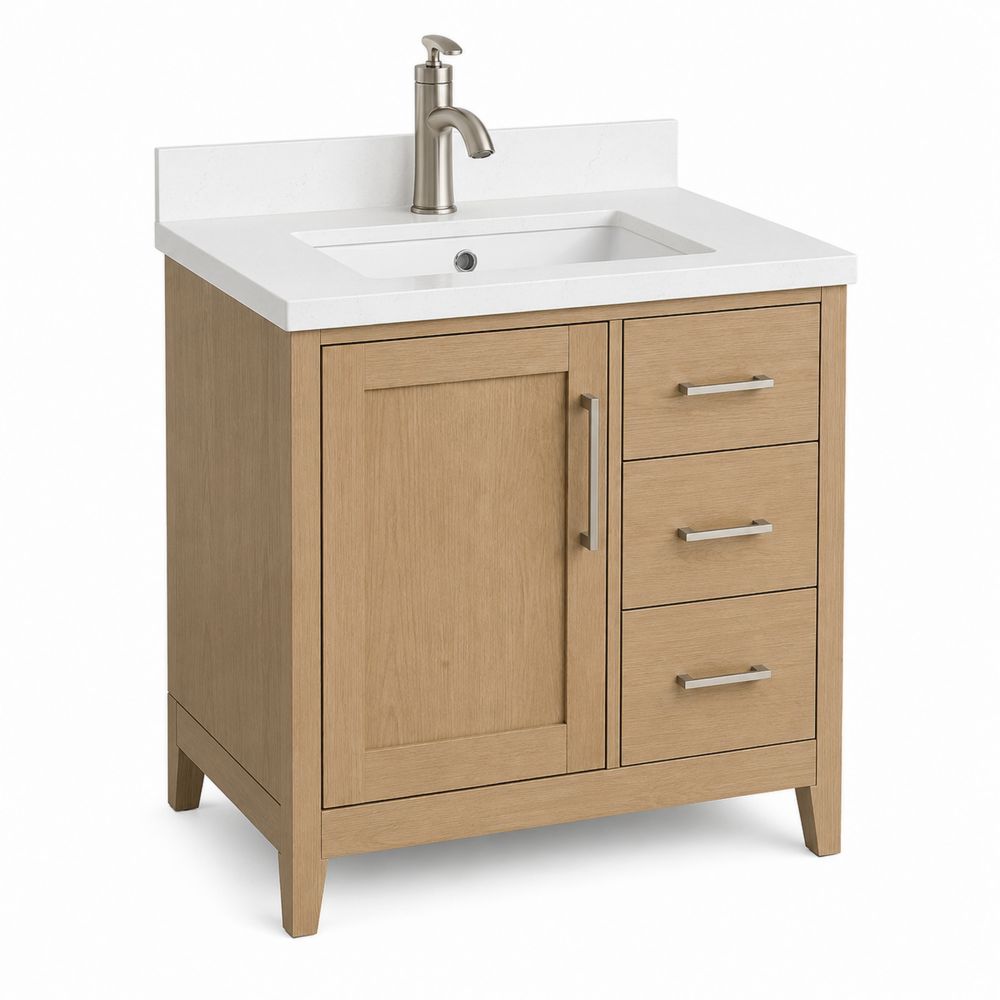 Mueble de lavabo de Roble con Lavabo de Cerámica y 3 Cajones-stonevilae