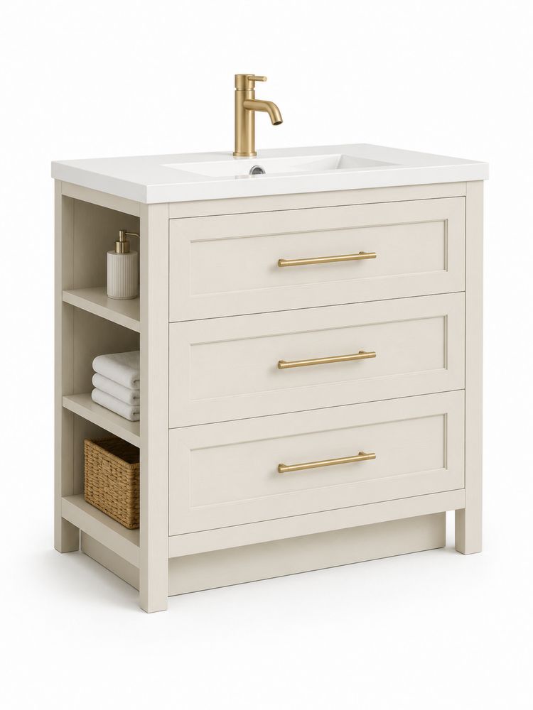 Mueble de baño MDF Blanco con Lavabo y Grifo Dorado-stonevilae