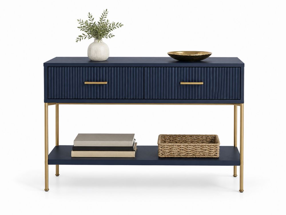 Mesa de Entrada Azul con Patas Metálicas Doradas y Cajones-stonevilae