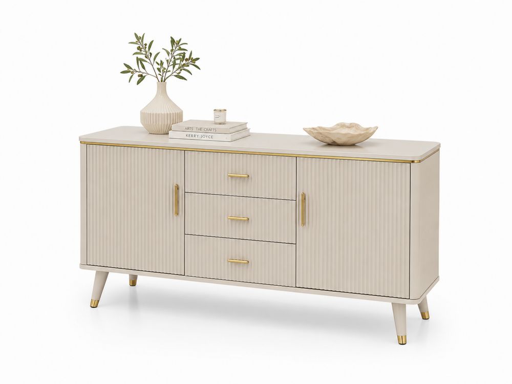 Aparador de Madera MDF Beige con Detalles Dorados-stonevilae