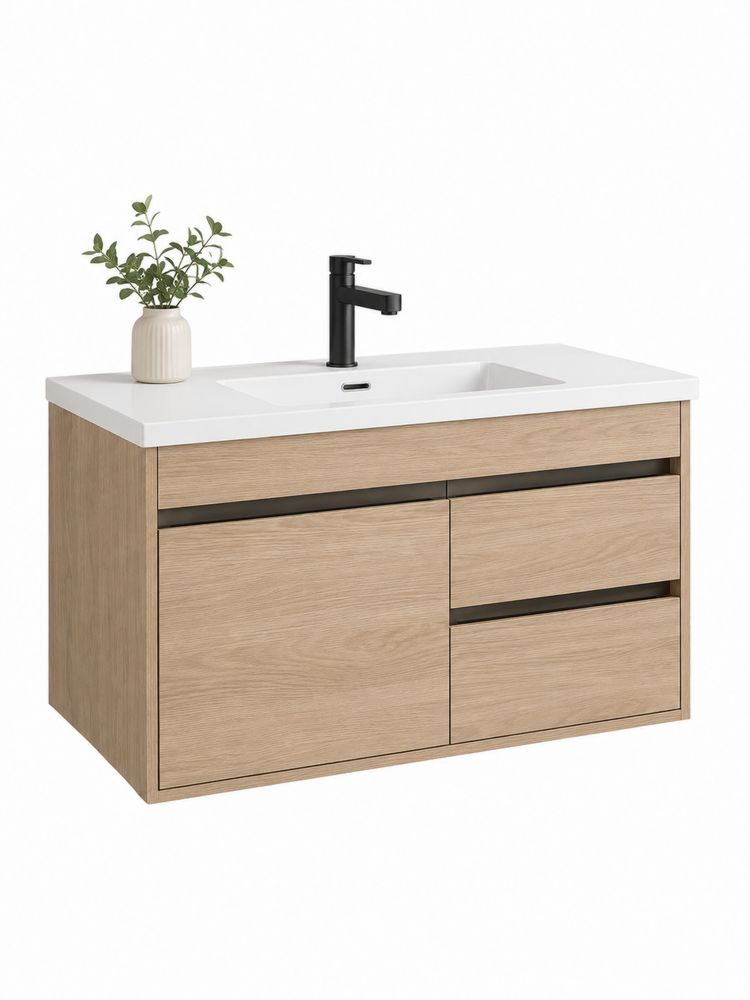 Mueble de baño de MDF y lavabo cerámico 90 cm Roble Claro-stonevilae